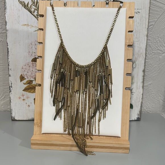 CHICO'S Boho Bib Gold Tone and Okive Leather Necklace - Picture 1 of 5